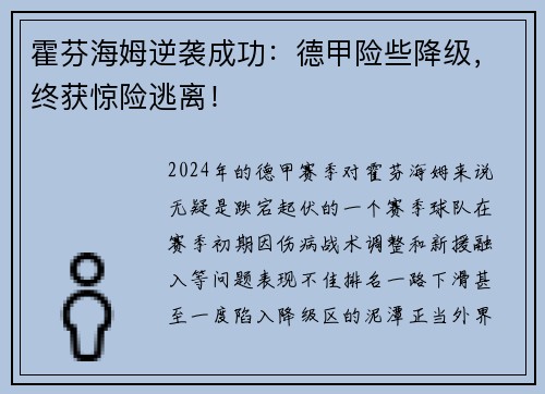霍芬海姆逆袭成功：德甲险些降级，终获惊险逃离！