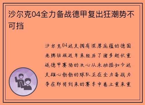 沙尔克04全力备战德甲复出狂潮势不可挡