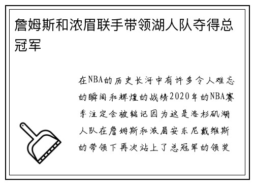 詹姆斯和浓眉联手带领湖人队夺得总冠军