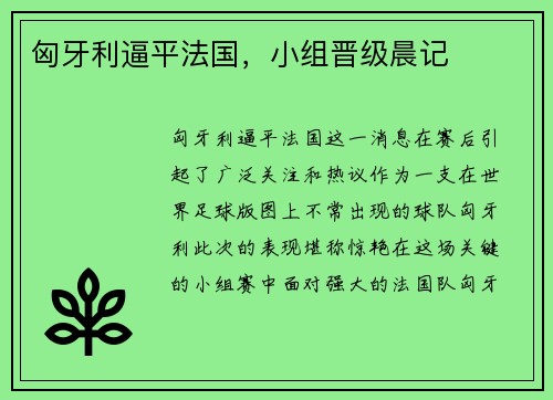 匈牙利逼平法国，小组晋级晨记