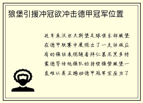 狼堡引援冲冠欲冲击德甲冠军位置