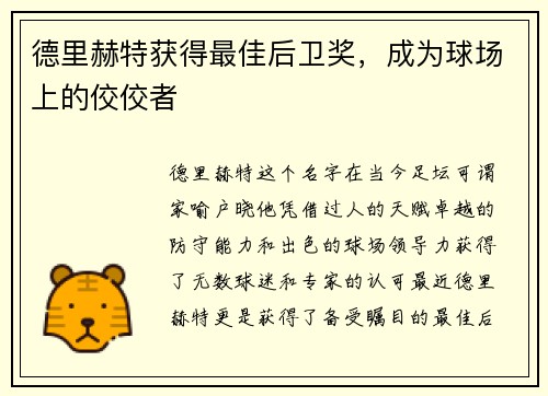 德里赫特获得最佳后卫奖，成为球场上的佼佼者