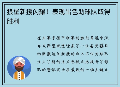 狼堡新援闪耀！表现出色助球队取得胜利