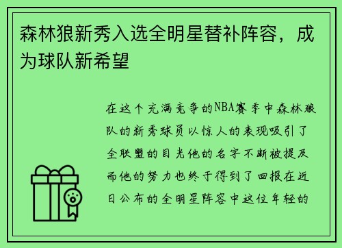森林狼新秀入选全明星替补阵容，成为球队新希望