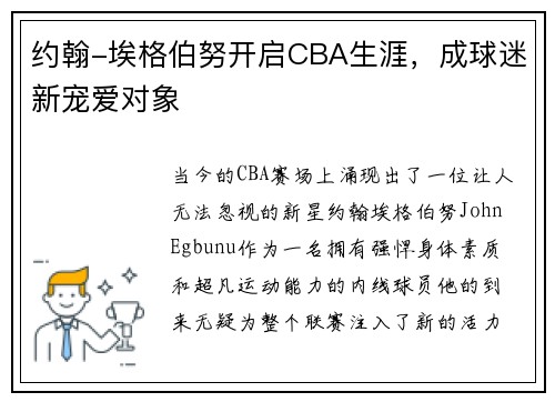 约翰-埃格伯努开启CBA生涯，成球迷新宠爱对象