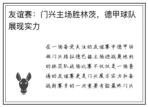 友谊赛：门兴主场胜林茨，德甲球队展现实力