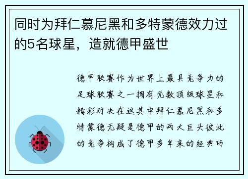 同时为拜仁慕尼黑和多特蒙德效力过的5名球星，造就德甲盛世