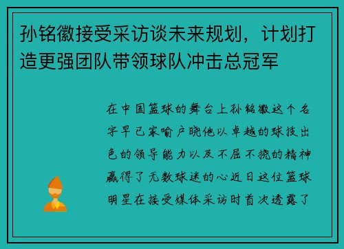 孙铭徽接受采访谈未来规划，计划打造更强团队带领球队冲击总冠军