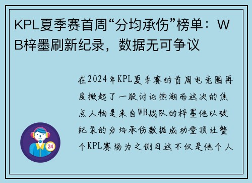KPL夏季赛首周“分均承伤”榜单：WB梓墨刷新纪录，数据无可争议